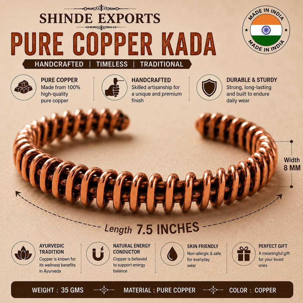 SHINDE EXPORTS pure original copper tamba kada bracelet for men and women boys