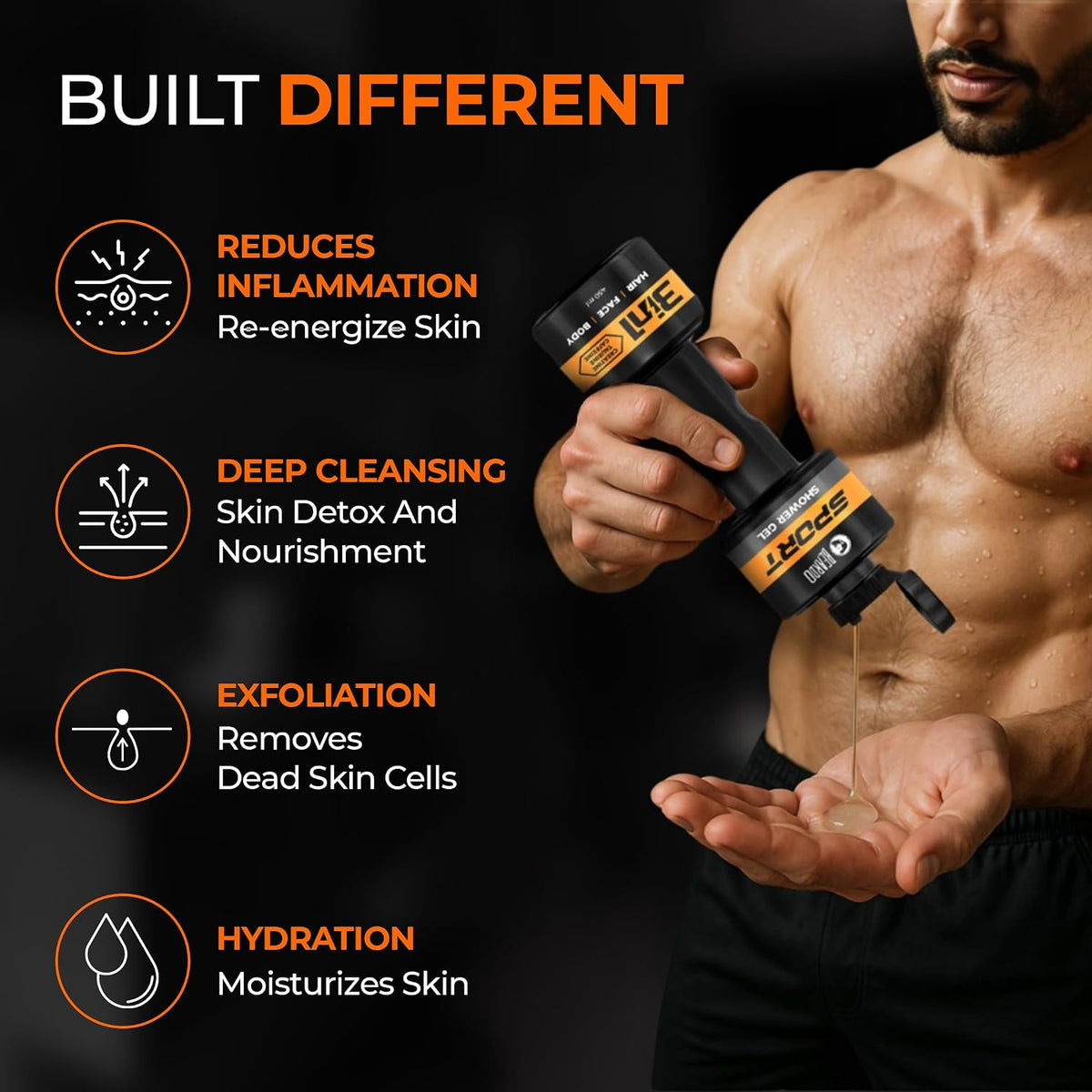 Beardo Sport 3-in-1 Body Wash Shower Gel for Men | Facewash + Shampoo + Exfoliating Bodywash | For Deep Cleansing, Detan & Cooling | Sports Shower Gel for Men | 450 ml
