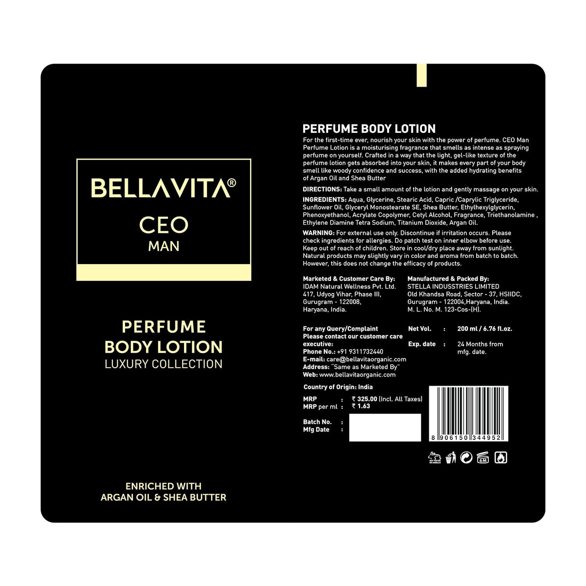 Bella Vita Luxury Intense CEO Man Body Perfume Lotion for Nourishing, Hydrating, Soft, Supple & Healthy Skin with Argan Oil & Shea Butter 200 Ml