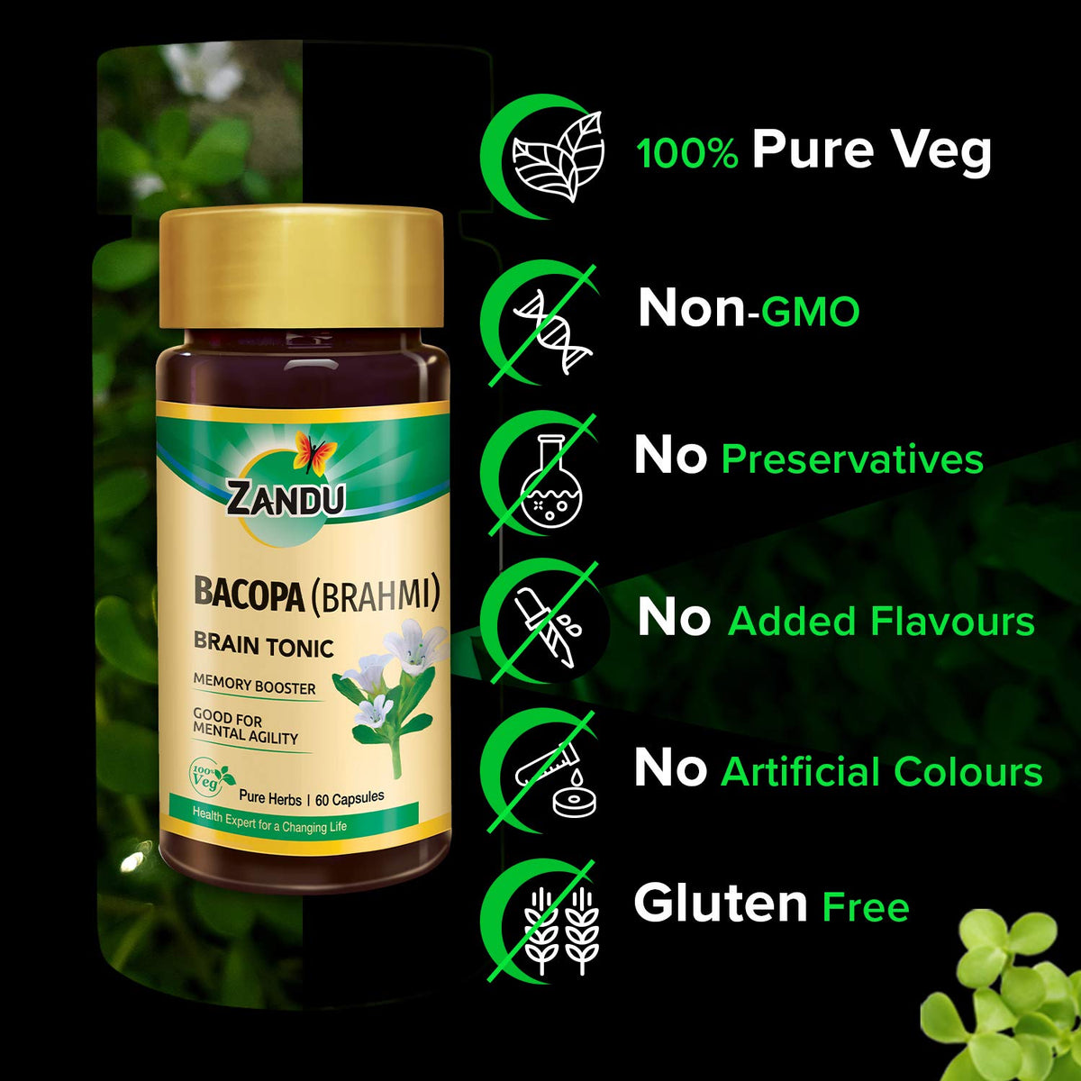 Zandu Bacopa (Brahmi) Capsules: An Age Old Ayurvedic Remedy Made Using Natural Extracts of Brahmi| Helps Improve Focus & Learning- 60 Veg capsules (Pack of 2)
