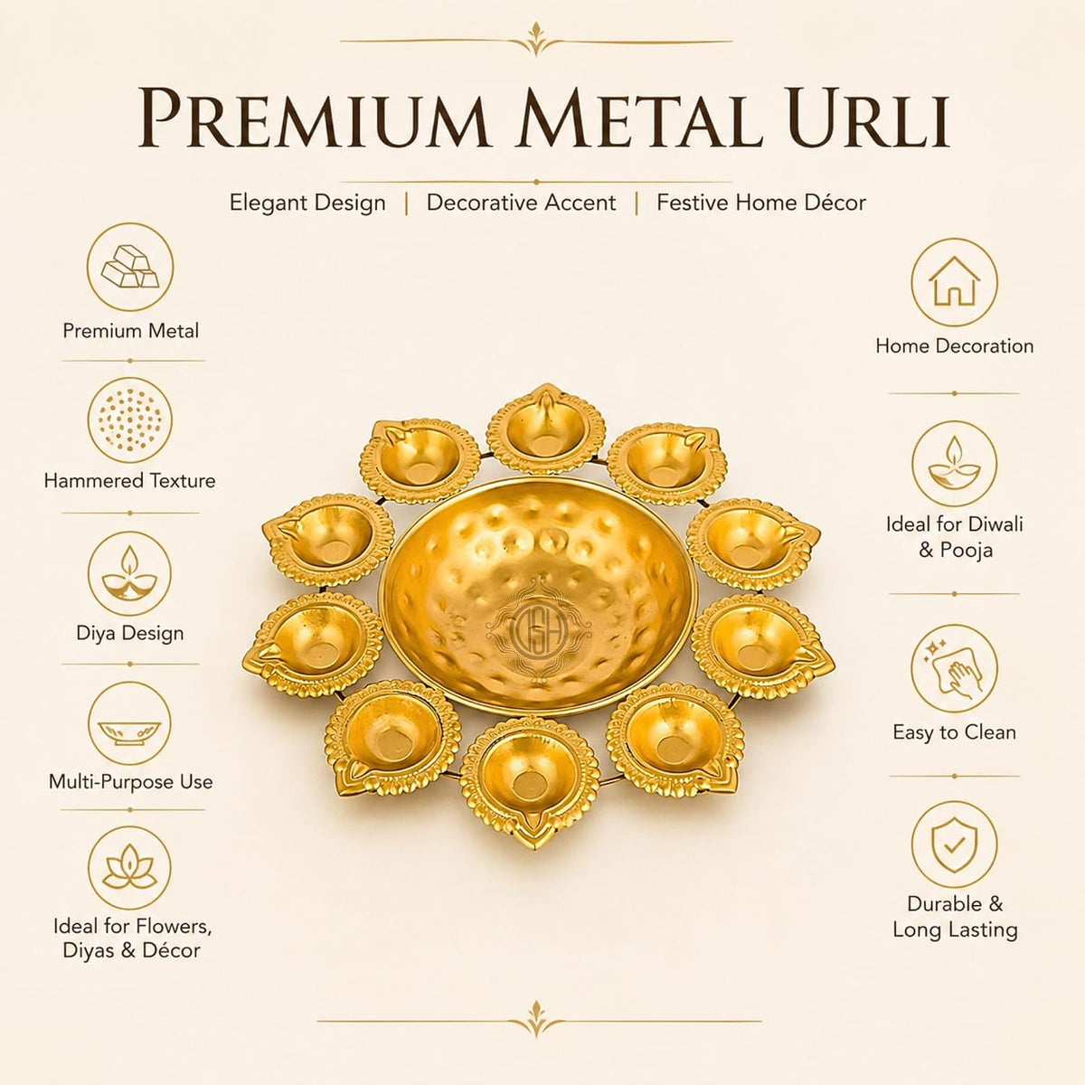 DSH Handcrafted Decorative Urli Bowl in Diya Shape – Perfect for Floating Flowers & Tea Light Candles for Home Decor Office,Table Centerpieces & Diwali Festivities.(10 Inch)
