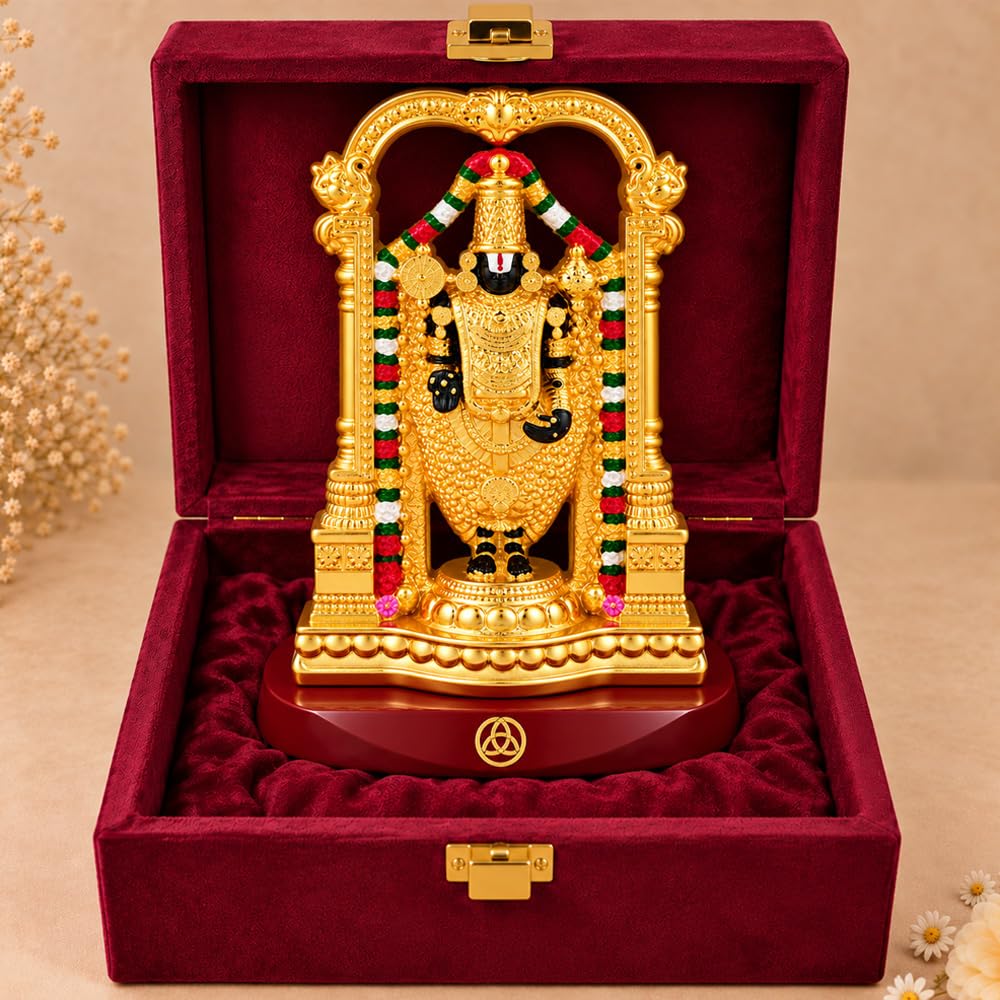 DIVINITI 24K Gold-Plated Tirupati Balaji Idol | Lord Venkateswara Swamy Showpiece with Intricate Temple Design, Decorative Base & Premium Gift Box | Home, Mandir, Office & Gifting | 9 x 6 cm