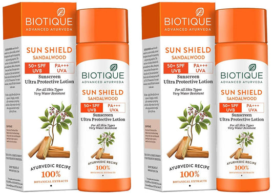 Biotique Sun Shield Sandalwood 50+SPF UVB Sunscreen Ultra Protective Lotion For All Skin Types, 120ml (Pack of 2)