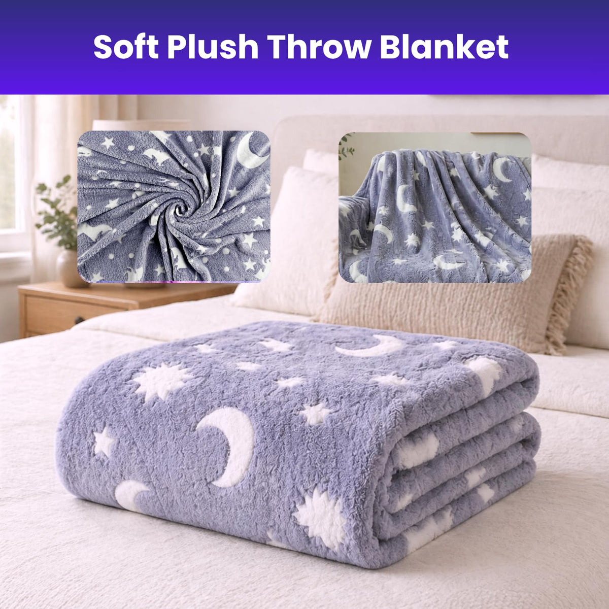 Toy Imagine Glow Blanket for Kids 3–10 Years 150 x 120 cm Glow in The Dark Blanket Soft Flannel Fleece Throw Soft Cozy Warm All Season Blankets for Boys and Girls Gift Grey