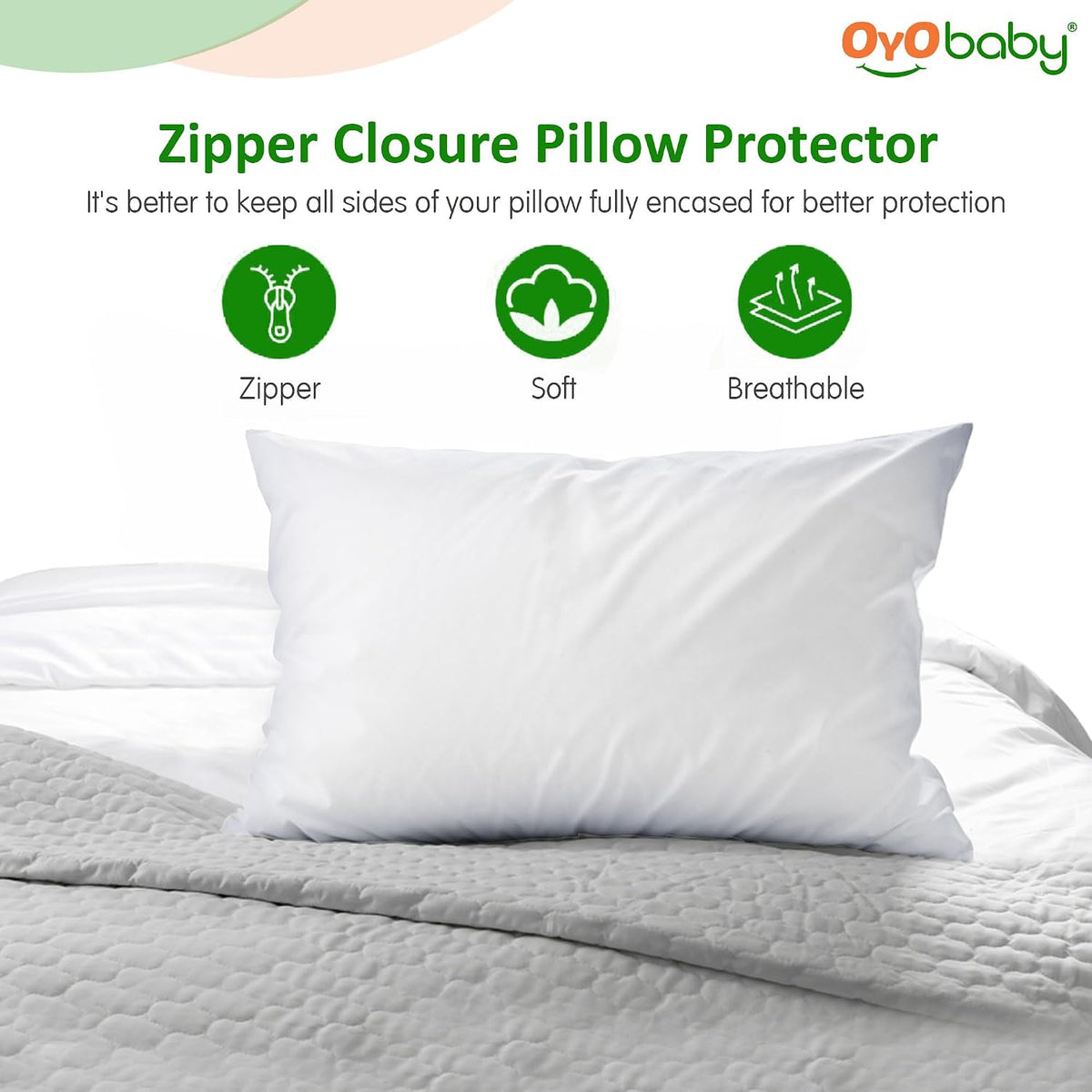 OYO BABY Ultra Soft Terry Waterproof Pillow Protector Cover with Zipper | Dust Mite & Bed Bug Proof | Oil & Spill Protection | Breathable & Durable | Standard Size 18 x 28 Inch | White | Pack of 1