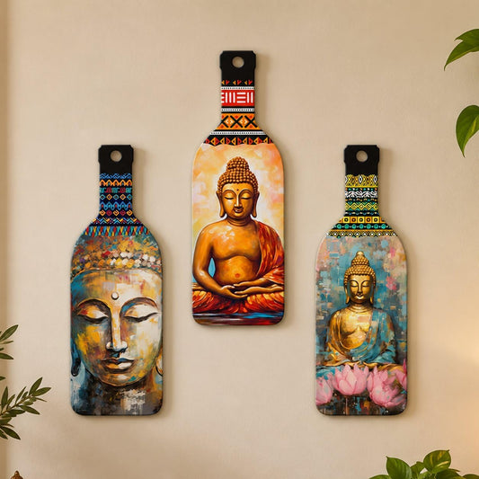 Artvibes Meditating Gautam Buddha Bottle shaped Wooden Wall Hanging | Spiritual Decor Items | Wall Art Painting For Hall | Wall Paintings | Handcrafted Art | Poster | Gift Items (WH_9507N), Set of 3