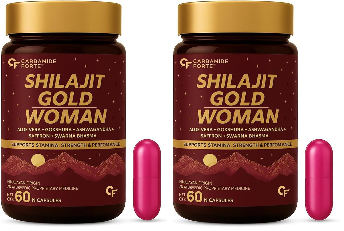 Carbamide Forte Shilajit Gold Capsules For Women With Pure Shilajeet Swarna Bhasma, Saffron & Ashwagandha | Himalayan Shilajit for Women | Shilajeet Gold Original | 60 Veg Capsules (Pack of 2)