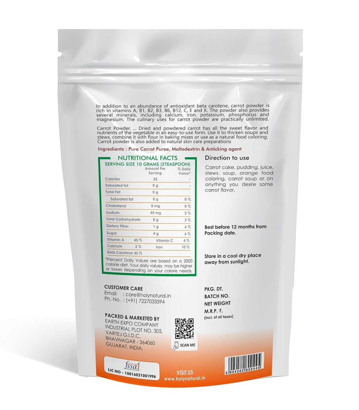 Holy Natural Carrot Powder 1kg | Supports Immunity, Eye & Skin Health | Ideal for Juice, Smoothie, Soup & Baking