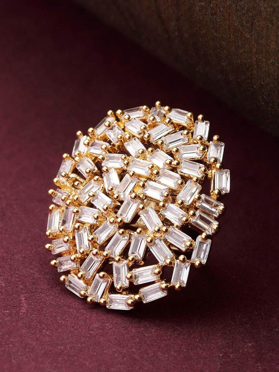 Priyaasi Sparkling GoldPlated Oval Shaped American Diamond Ring For Women And Girls