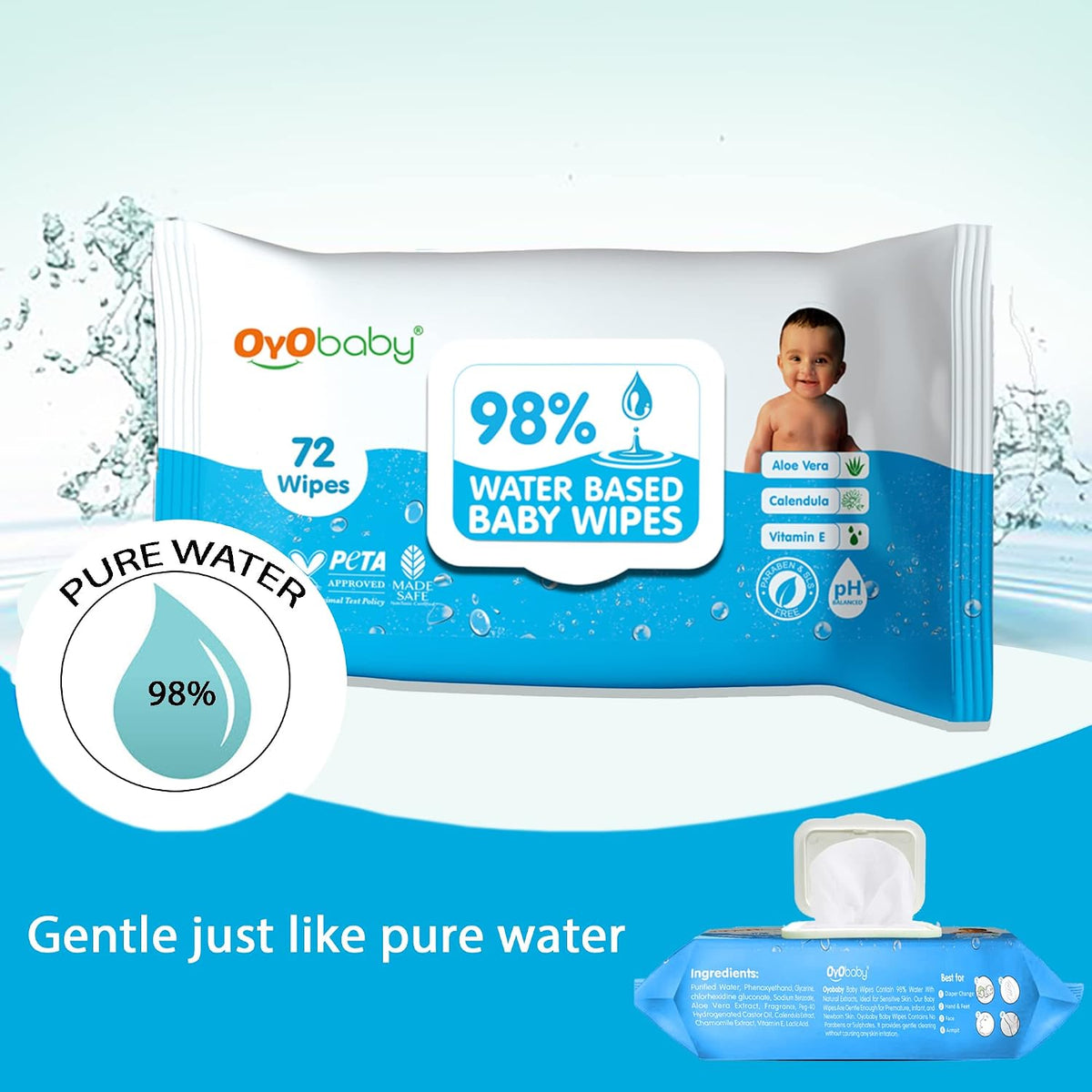 OYO BABY Diapers | Long Lasting Dry Night & Comfortable Sleep Style Diaper Pants, Size 9-14 kg baby 48 Count (Pack of 1), & OYO BABY Soft Cleaning with Aloe Vera Baby Wipes Lids 72 Counts (Combo Pack)