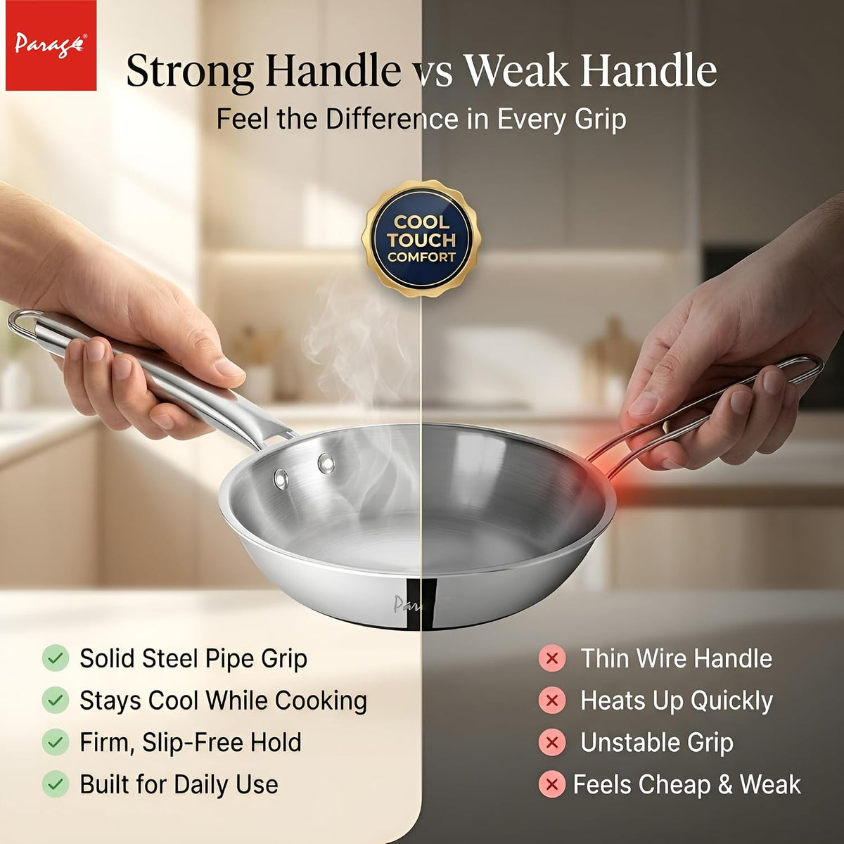 Parage Triply Stainless Steel Fry Pan 24cm | Heavy Bottom Steel Pan for Tempering, Frying | Induction & Gas Friendly | Stay-Cool Handle | Tripure Series | Scratch Resistant | 5 Years Warranty