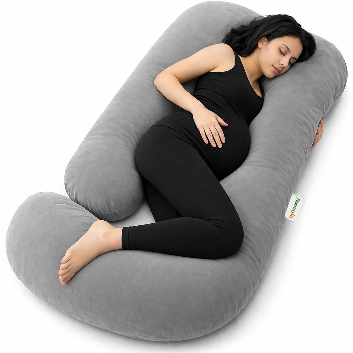 OYO BABY Maternity Pillows J-Shape Full Body Pillow | 360° Maternity Support for Back, Hips, Legs & Belly | Pregnancy Pillows for Women | Removable Washable Velvet Cover (Light Grey)