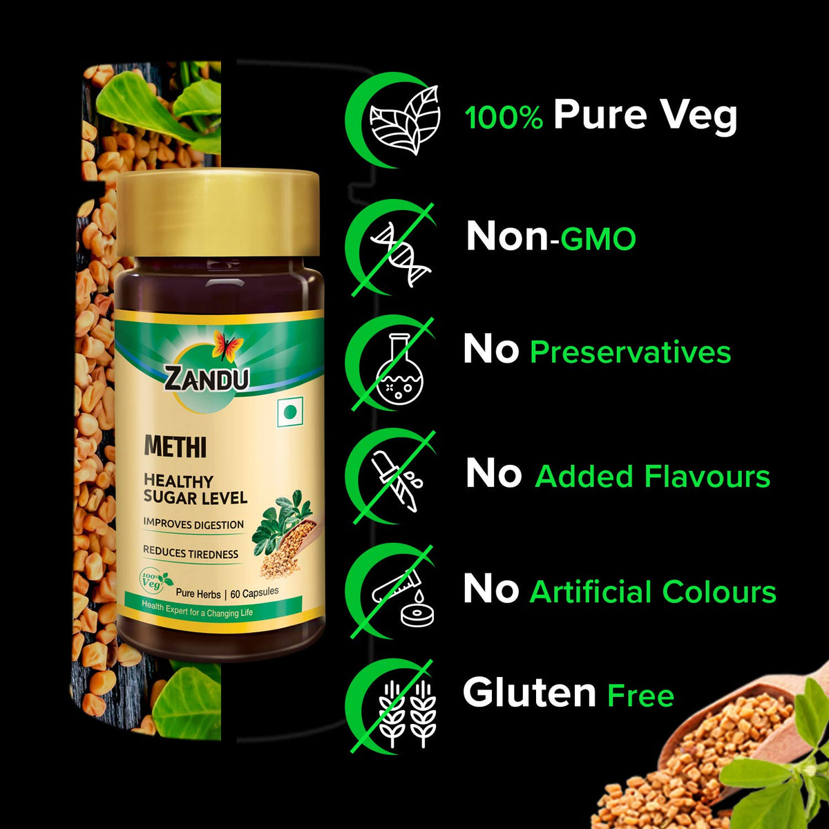 Zandu Methi Capsules (Fenugreek), Extracts of Methi (60 Veg Capsules x 2)