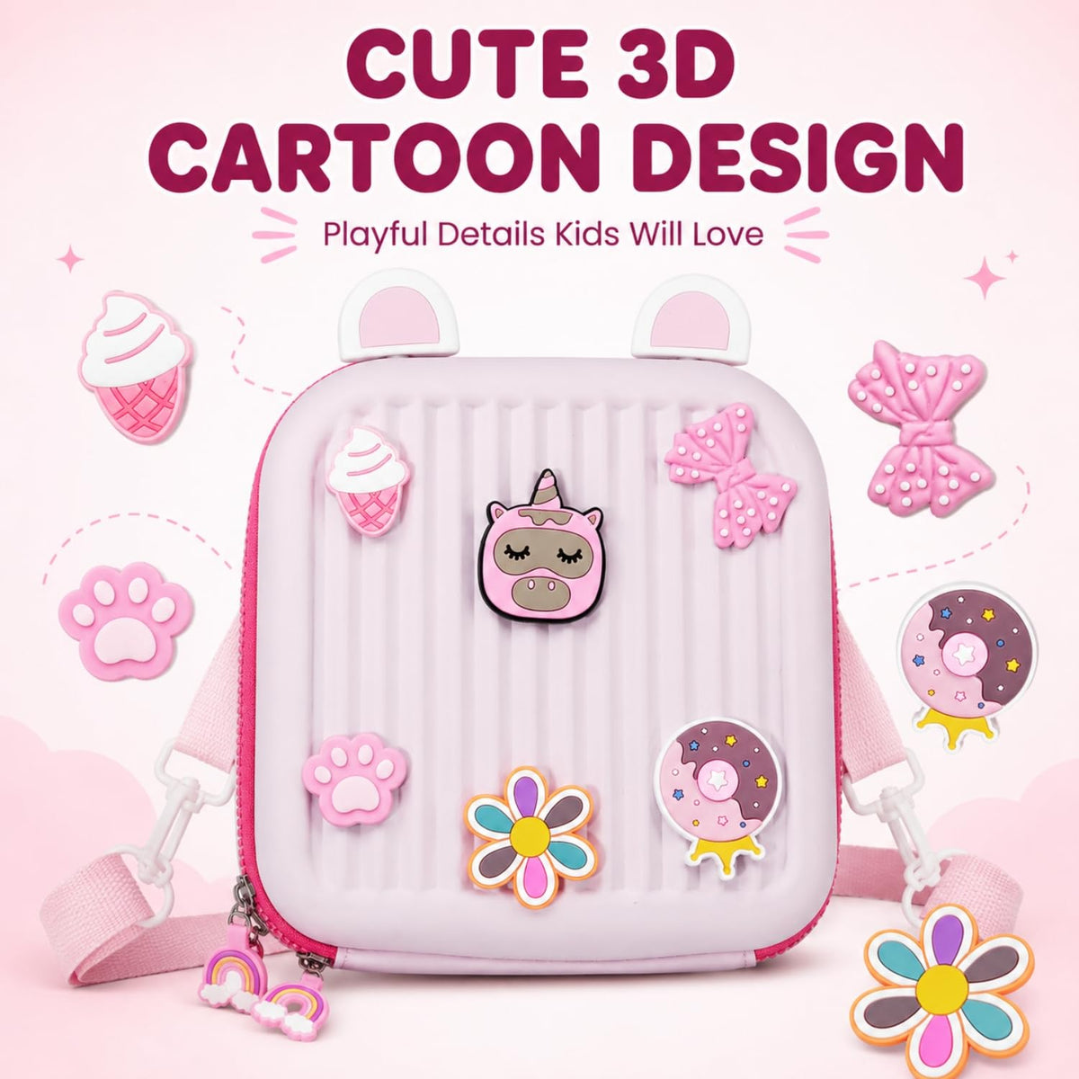 Toy Imagine Kids Silicone 3D Cartoon Backpack for Boys & Girls Waterproof Lightweight School Bag with Cute Badges & Adjustable Straps Preschool, Kindergarten & Travel Bag for Kids 2–10 Years, Pink