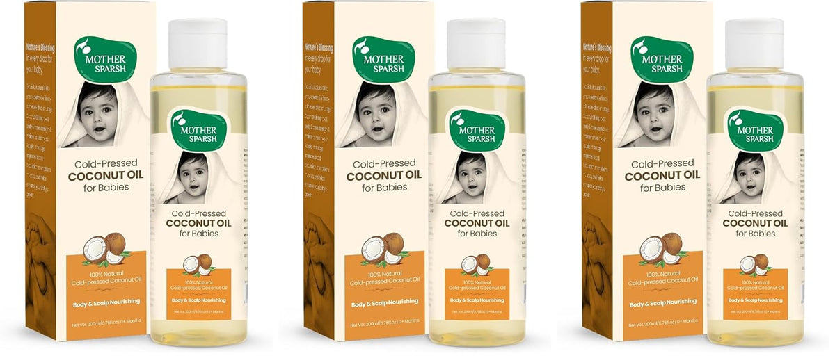 Mother Sparsh Cold Pressed Virgin Coconut Oil for Baby Massage, Skin & Hair Care | 100% Natural Baby Oil for New Born | 200ml (Pack of 3)