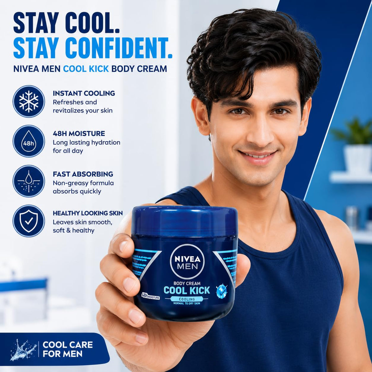 NIVEA MEN Cool Kick Body Cream for Normal to Dry Skin, 48H Moisture, Cooling Effect, Fast-Absorbing Non-Sticky Formula, 400 ml