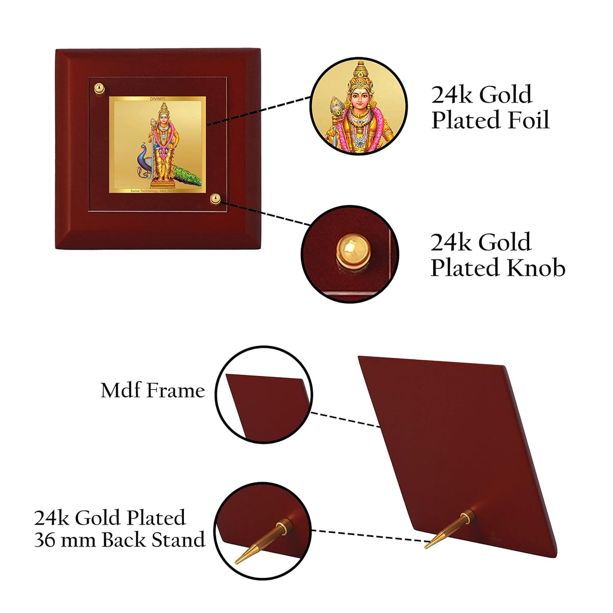 DIVINITI Lord Murugan 24K Gold Plated MDF Photo Frame|Premium Religious Table Top Frame for Home, Office & Prayer Room|Luxury Spiritual Gift Item for Housewarming, Festive Gifting|10 x 10 CM