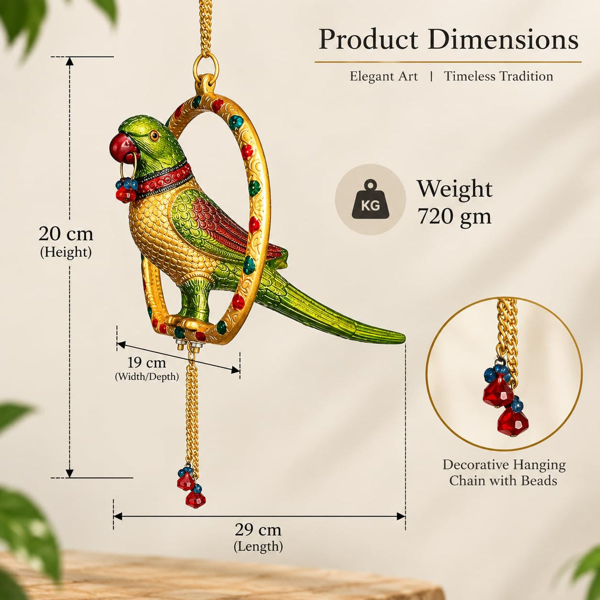 KridayKraft Multicolour Parrot Door Hanging, 29 cm Decorative Bird on Engraved Ring with Hanging Chain for Home Entrance, Living Room, Balcony and Housewarming Gift