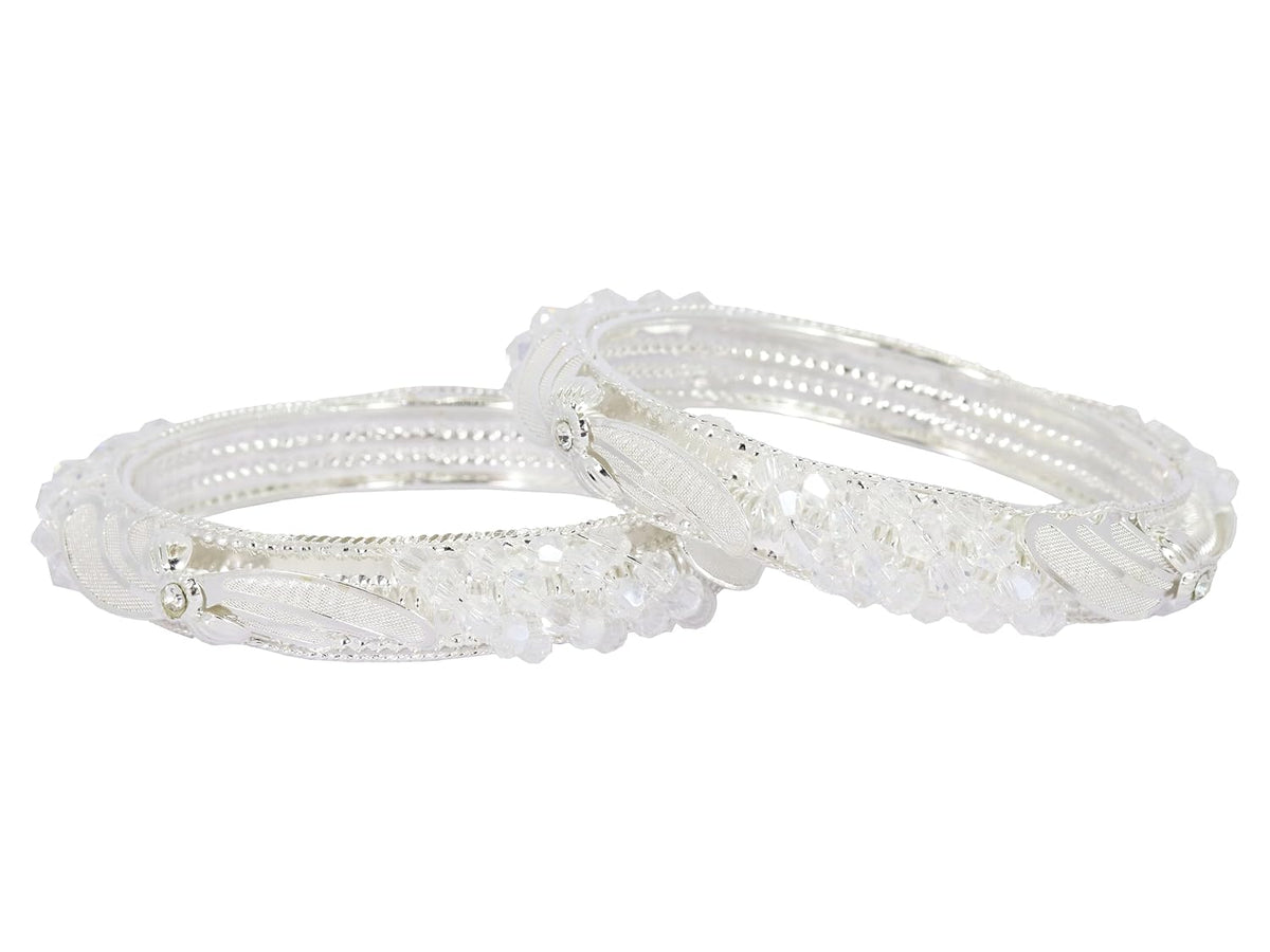 NMII Stylish White Pearls & Alloy Metal American Diamond Bangles Kada Set For Women and Girls | Fancy Women's Kada | Girls' Bangles Bracelet | Kada Set For Wedding, Party, Occasion Wear-Set of 2