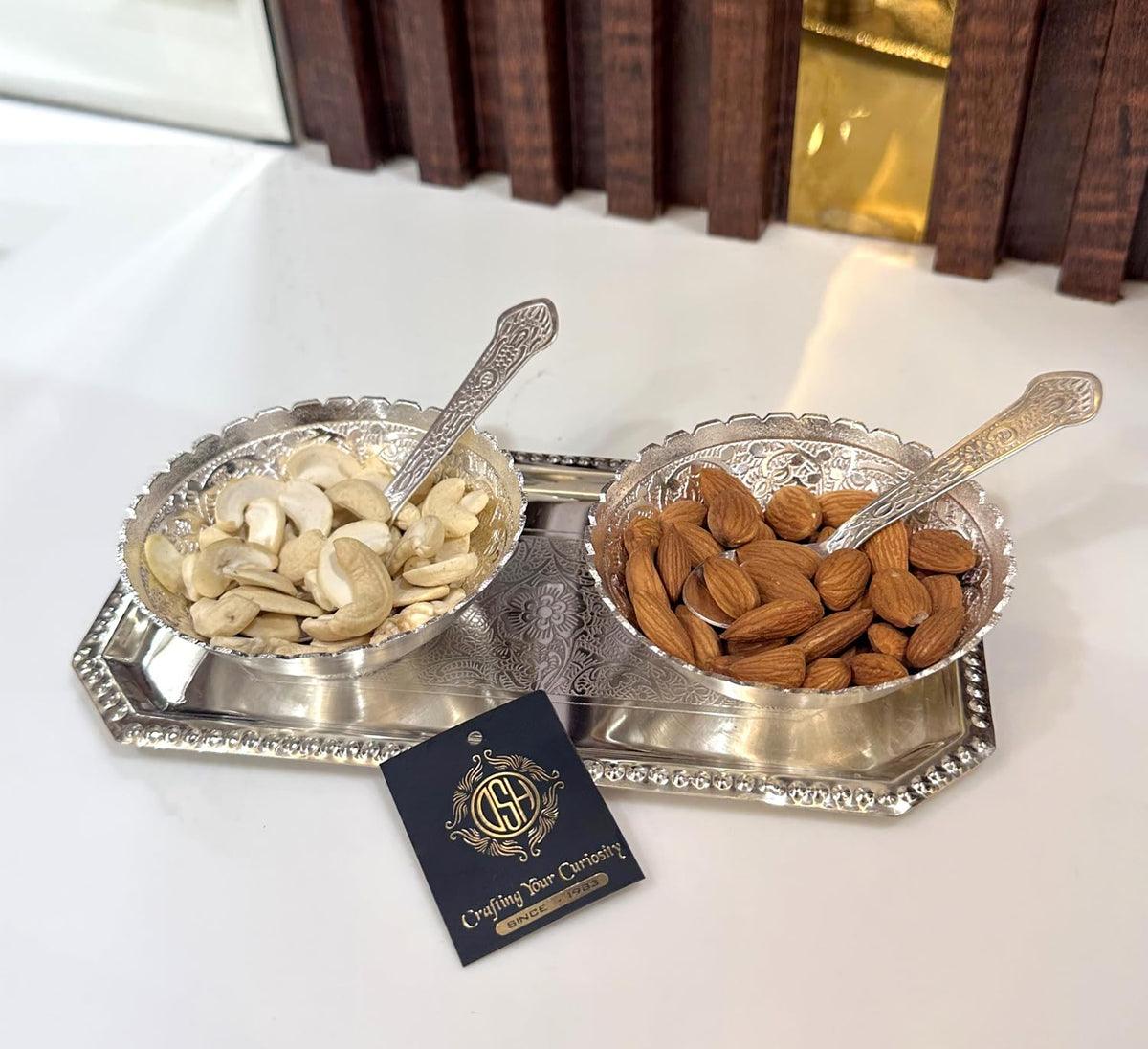 DSH Crafting Your CURIOSITYDry Multipurpose Metal Bowl Spoon Serving Set with Tray Used for Dry Fruit Home Hotel Tableware Decorative and Gift Item.(S-502-CAPLm-5P-SRB)