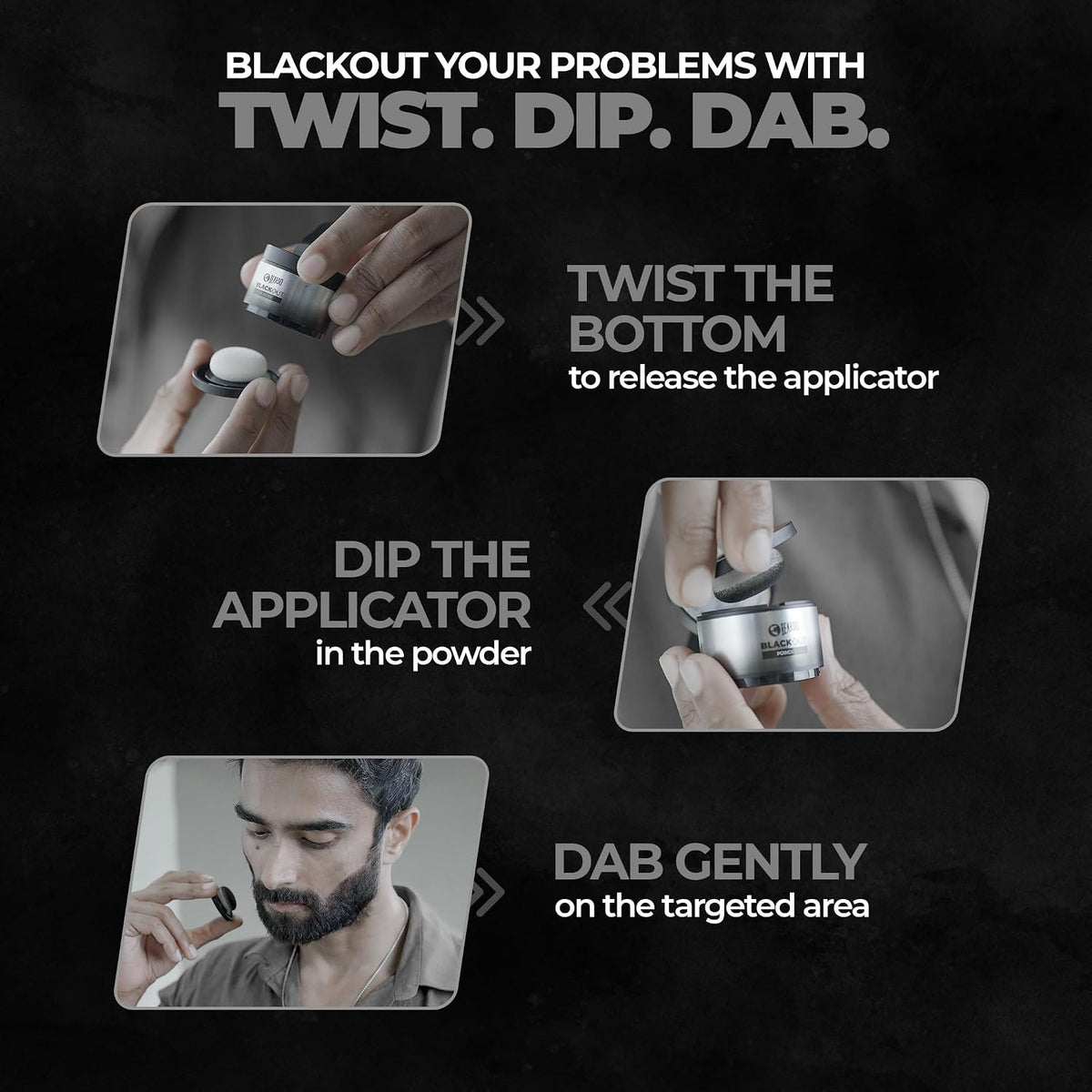Beardo Blackout Hair Powder 4g - Black | Root Touch Up for Grey Hair | Instantly Covers Grey Roots, Beard Patches & Bald Spots | Thick Black Fiber Hairline Powder | Highly Pigmented, Long-Lasting & Matte Finish | Super-Fine Cover-up