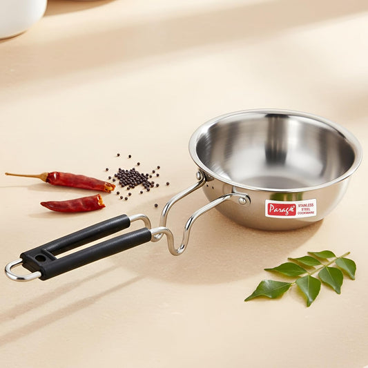 Parage 1 Pc Triply Stainless Steel Tadka Pan 500ml with Heat Resistant Handle | Tripure | Small Deep Tempering Pan for Dal, Ghee & Curry | Durable Steel Tadka Pan for Indian Cooking (13 cm Diameter)