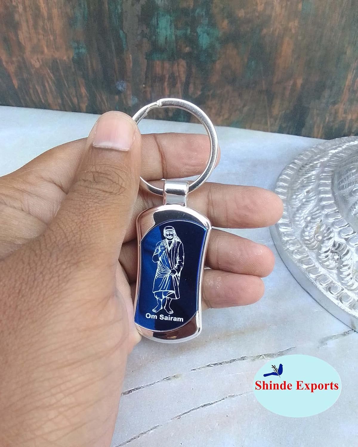 SHINDE EXPORTS Shirdi Saibaba Stainless Steel Metal Keychains for car, Home and Bike (blue standing)
