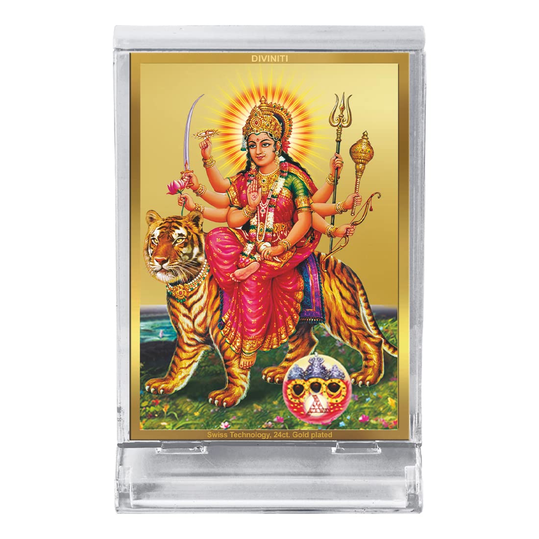 DIVINITI 24K Gold Plated Religious Car Dashboard Frame | Premium God Idol Frame for Car, Home Mandir & Office Table | Spiritual Gift, Decorative Showpiece | Maa Durga
