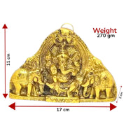 KridayKraft Ganesh Wall Hanging with Elephants for Door Entrance Decorative Showpiece - 12 cm (Aluminium, Gold)