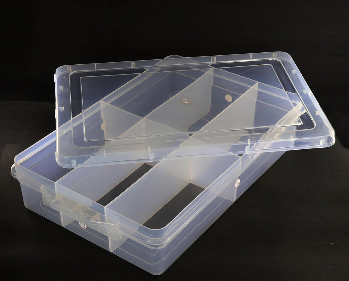 NMII Multipurpose Plastic Storage Box with Partitions | Transparent Organizer with Secure Lid | Ideal for Stationery, Craft Supplies, Tools, and Jewellery, Accessories | Lightweight-(6 Partitions)