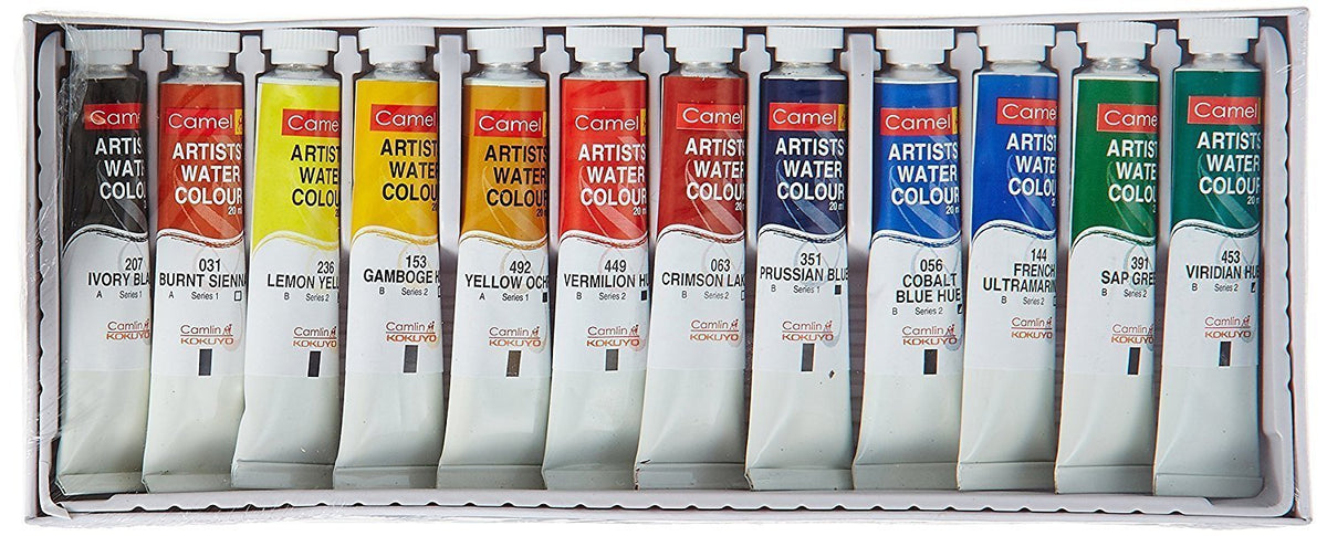 Camel Paint Brush Series 66 - Round Synthetic Gold, Set of 7 & Camel Artist's Water Color - 20Ml Each, 12 Shades