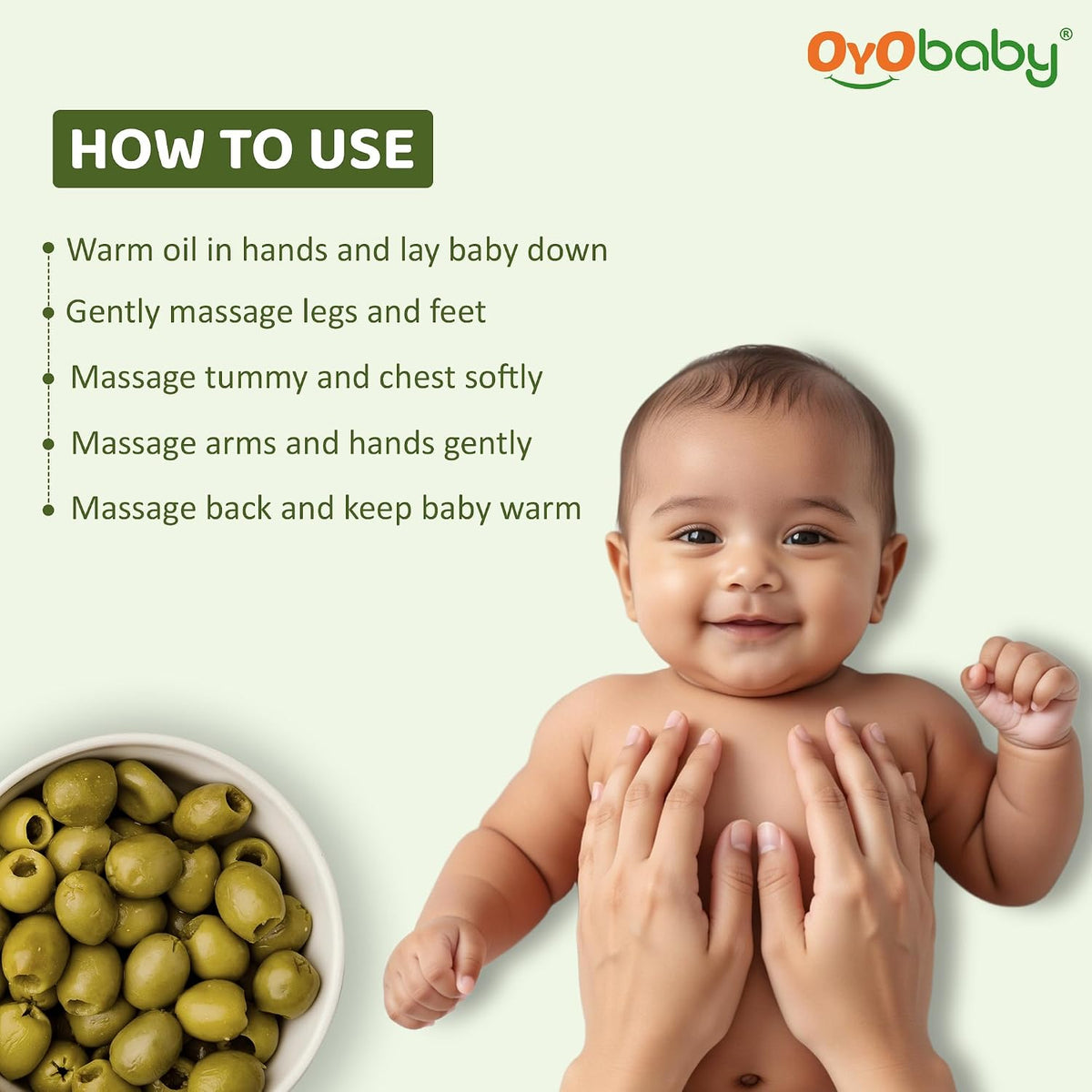 OYO BABY 100% Pure Olive Oil for Baby - 200ml | Enriched with Vit E & Omega 3 | Baby Massage Oil for Skin & Hair Nourishment | Edible Food-Grade Oil