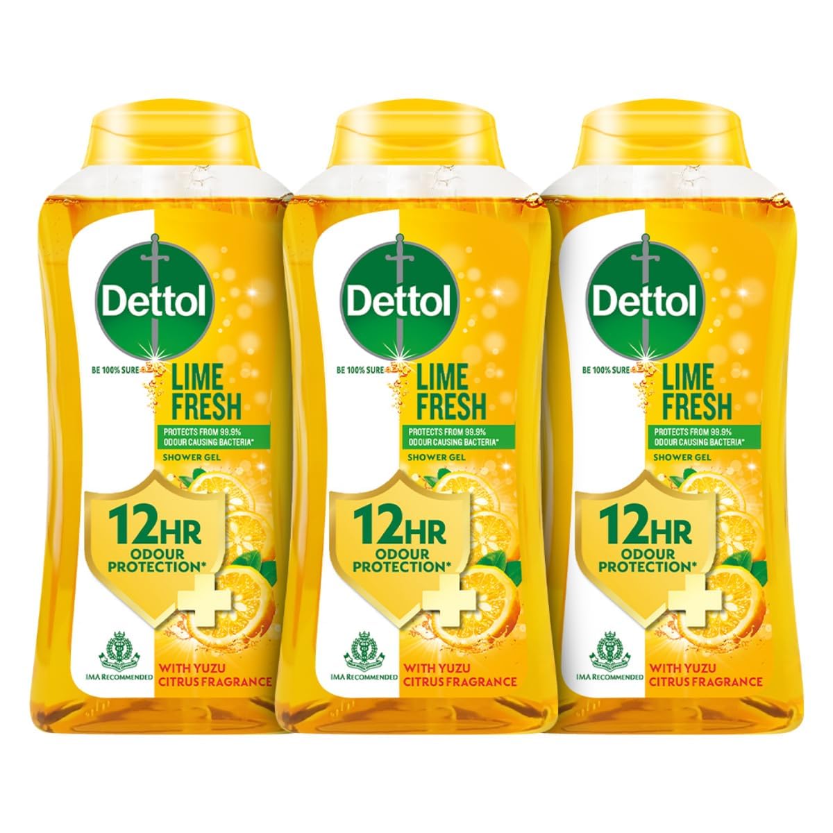 Dettol Lime Fresh Body Wash and Shower Gel Bottle for Women and Men (Pack of 3 - 250ml each) | Soap-Free Bodywash | 12hr Complete Odour Protection