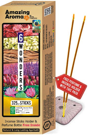 Parag Fragrances 6 Wonders Incense Sticks (Rose, Mogra, Chandan, Lavender, Tulip & Lotus) / 325gm Agarbatti with 2pc Perfumes and 1pc Incense Holder/Natural Fragrance & No Charcoal