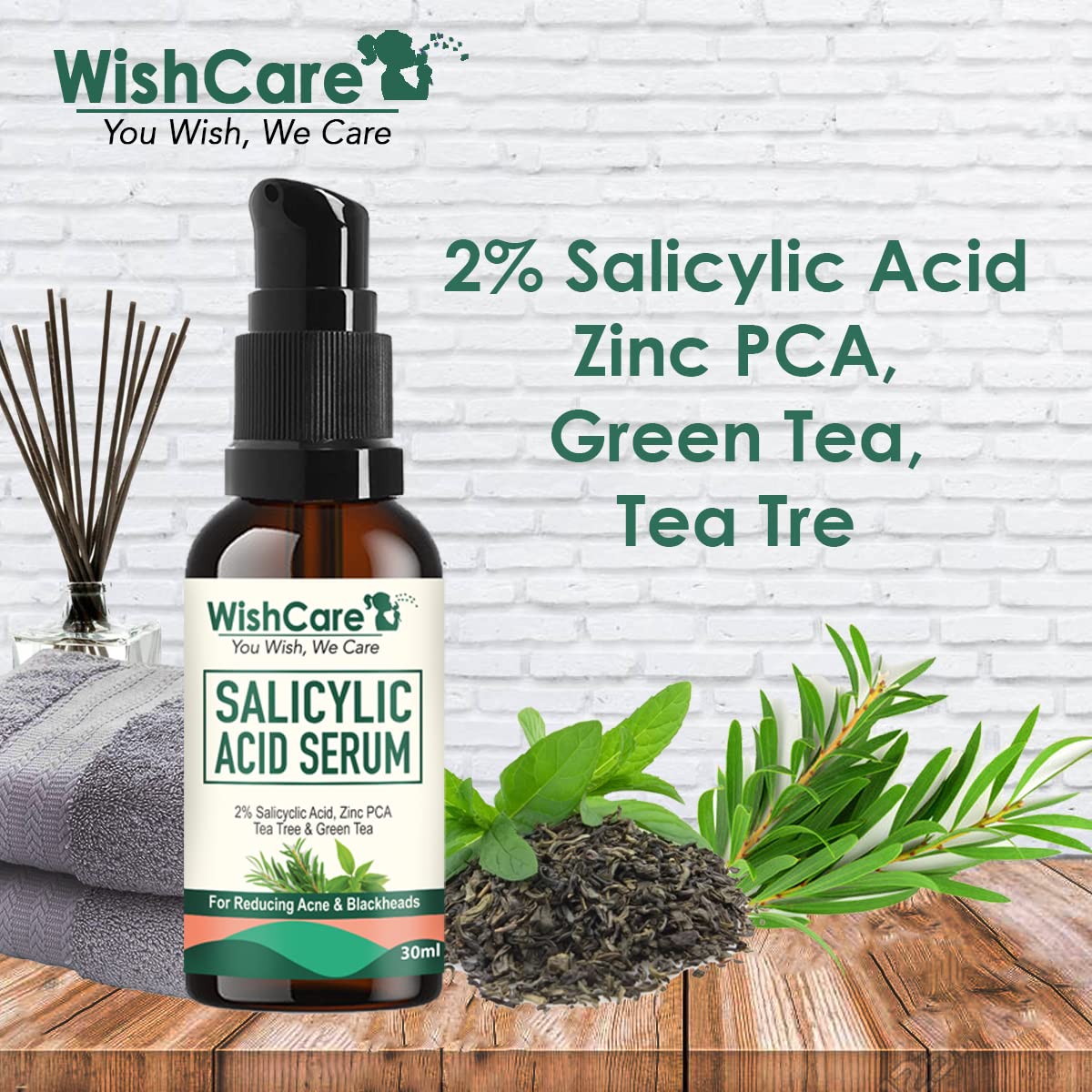 WishCare 2% Salicylic Acid Serum for Active Acne/Acne Marks & Blackheads with Zinc PCA, Tea Tree & Green Tea - 30 ml, Clear, (WSAS30)