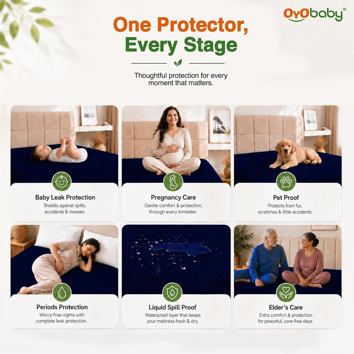 OYO BABY Mattress Protector Queen Size | Breathable Cotton Feel Terry, 100% Waterproof TPU Backing & Hypoallergenic Construction | Baby, Kids & Family Bed Protection | 72x60 Inch (6 x 5 Ft) -Dark Blue