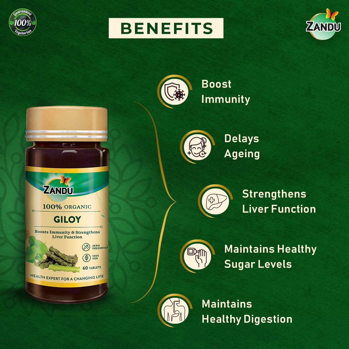 Zandu Giloy Tablets with 100% Pure Giloy Extract | Ayurvedic Immunity Booster | Protects against Infections | Improves Liver Function |100% Ayurvedic & Vegetarian (60 Tabs)