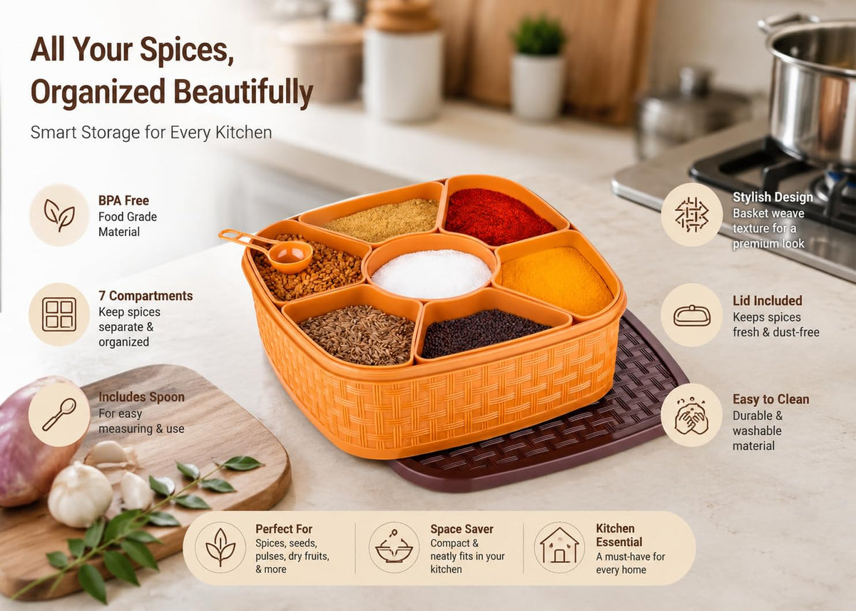E-COSMOS® Plastic Square 7 Sections Multipurpose Masala Rangoli Dabba Box Set, Spice Box Set - Brown (Masala Box - 7 in 1)