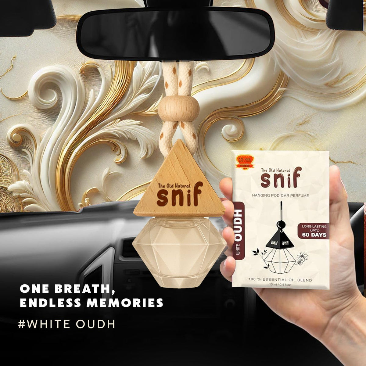 The Old Natural Snif Diamond Hanging Car Perfume|Car Air Freshener With Refill Pack (White Oudh 10 Ml + 15 Ml Refill Pack),Oil