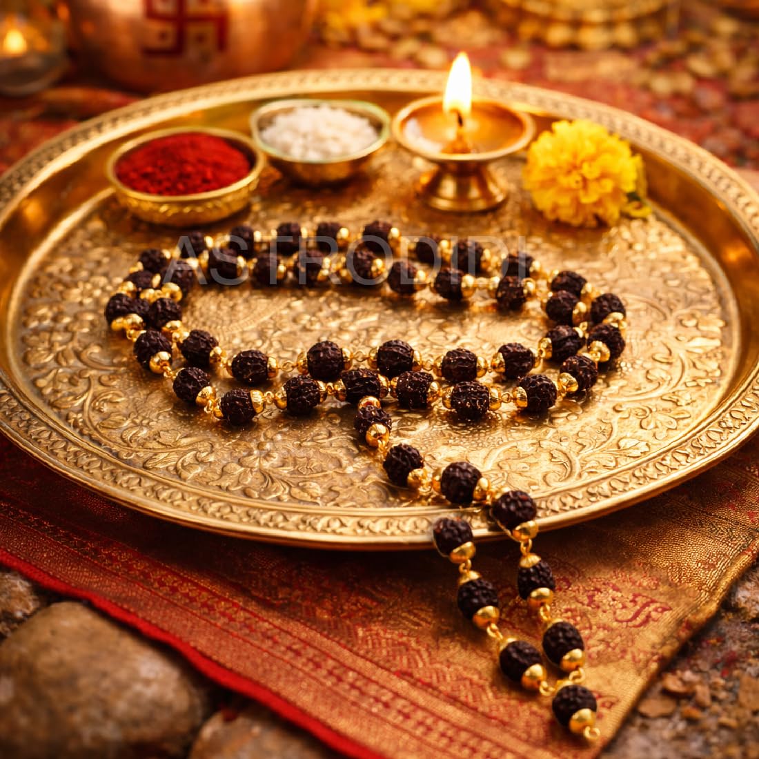 ASTRODIDI Black 5 Mukhi Rudraksha Mala in Brass Golden Caps | Original and Natural Five Face Panch Mukhi Rudraksh Beads (7 mm), Pack of 1