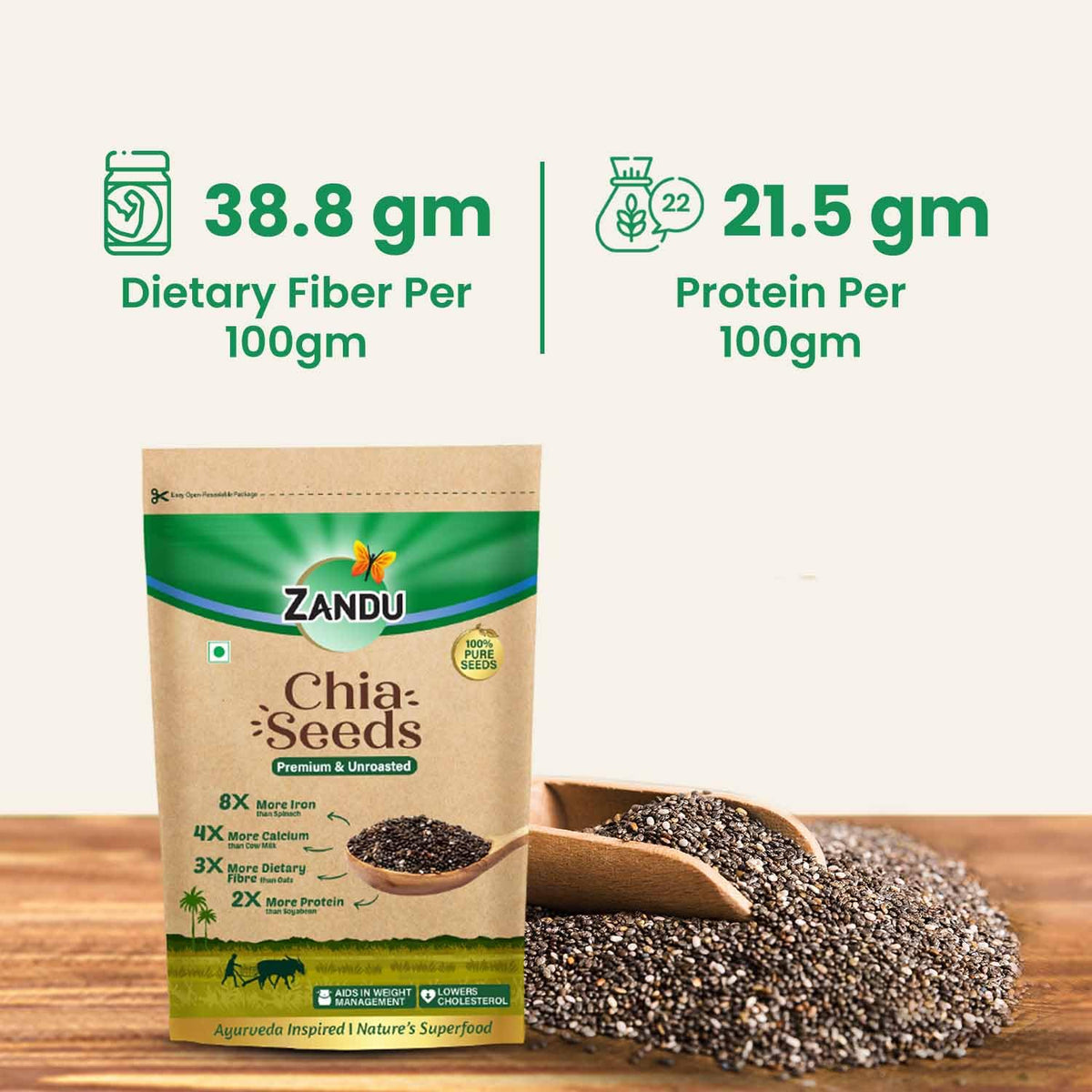 Zandu Chia Seeds, 200g I Premium & Raw Seeds I Rich in Omega-3 Fatty Acids I Helps in Weight Management