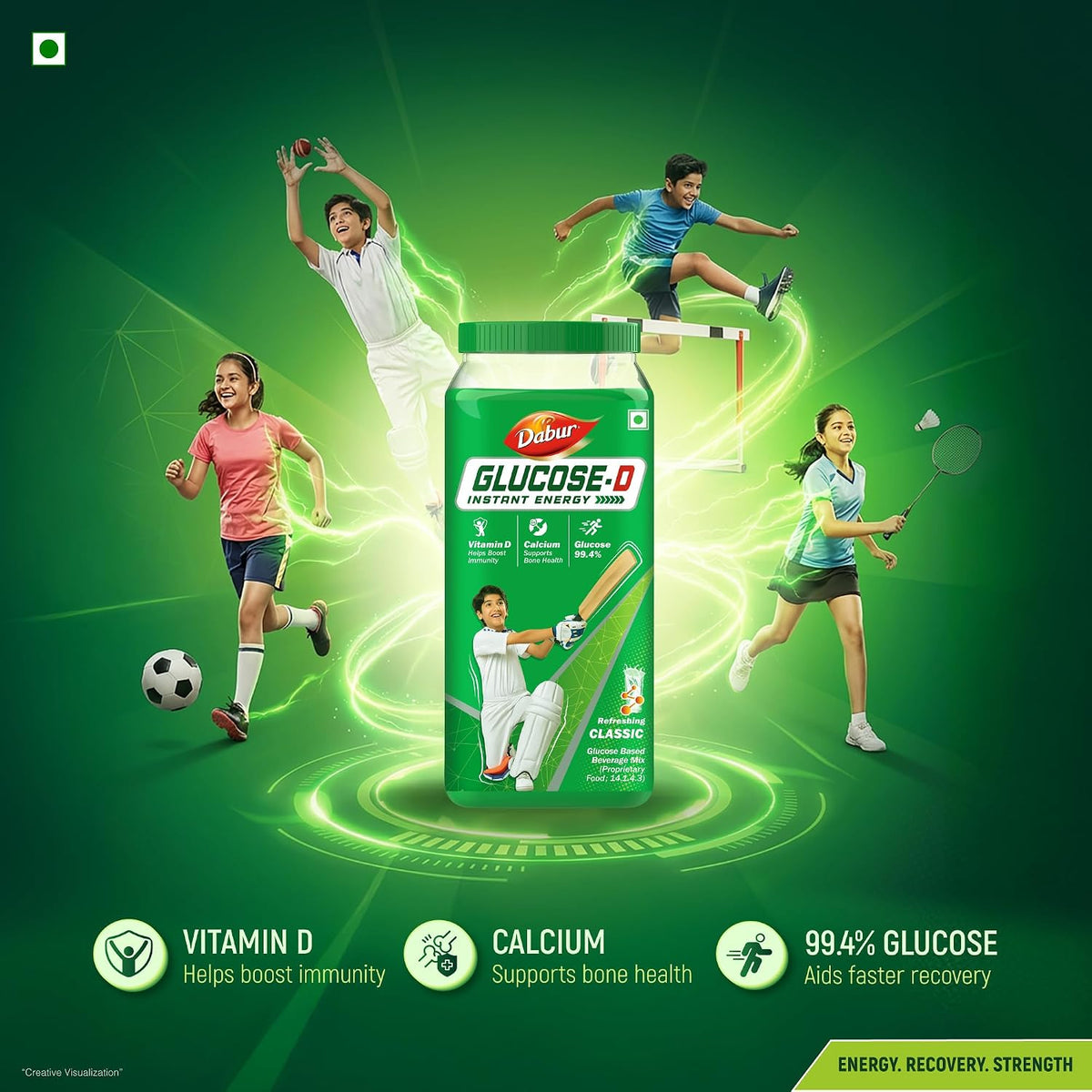Dabur Glucose-D Instant Energy Drink Powder - 1kg | Enriched with Vitamin D & Calcium | 99.4% Glucose Quick Energy Replenishment Formula | Easy to Mix Refreshing Drink