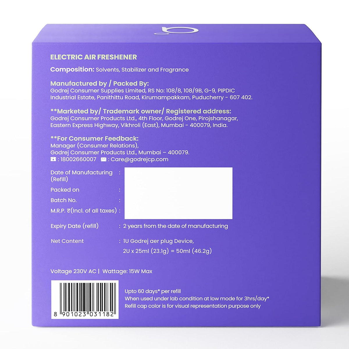 Godrej aer Plug Electric Air Freshener (Machine + 2 Refills (25ml each) | Violet Bloom | Lasts up to 120 days