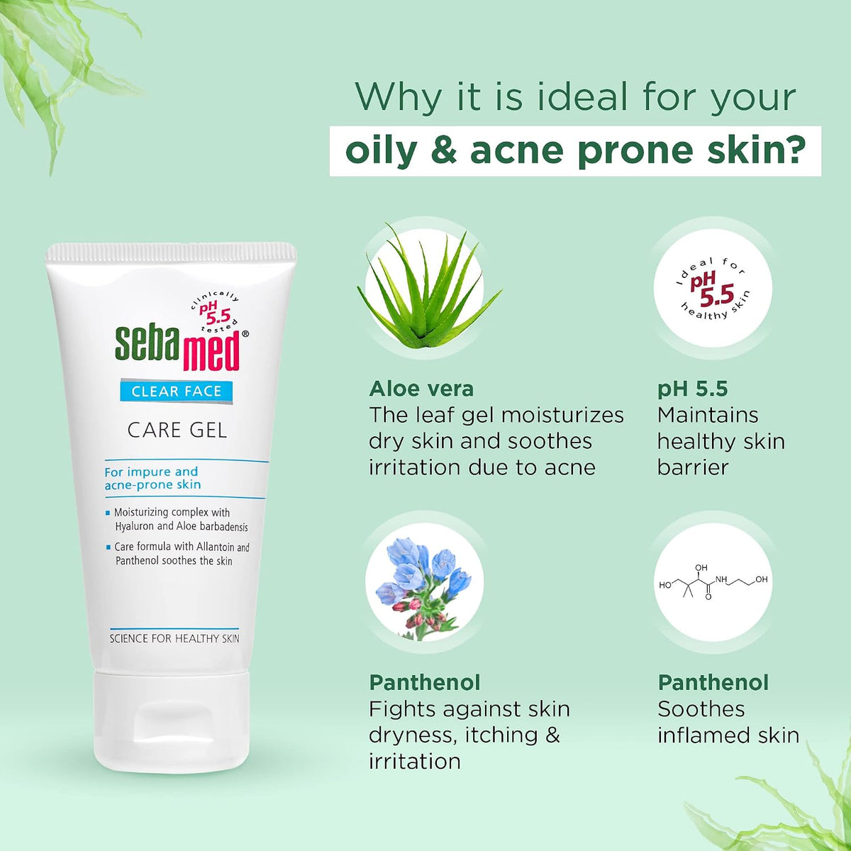 Sebamed Clear Face Care Gel | pH 5.5 |Non-sticky Moisturizer with Hyaluronic acid, Aloe Vera | Dermatologically & clinically tested | 50ml, Pack of 4