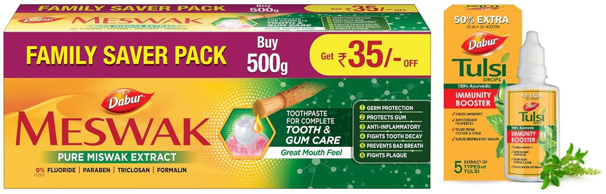 Dabur Meswak Complete Oral Care Toothpaste - 500g (2 x 200g + 1 x100g) & Dabur Tulsi Drops : 30ml (20ml + 10ml Free) | Contains Extracts of 5 Rare Tulsi COMBO