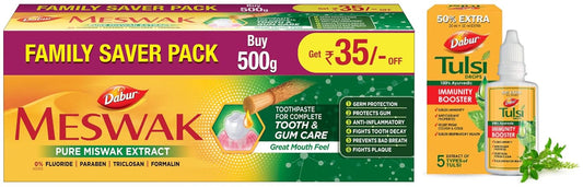 Dabur Meswak Complete Oral Care Toothpaste - 500g (2 x 200g + 1 x100g) & Dabur Tulsi Drops : 30ml (20ml + 10ml Free) | Contains Extracts of 5 Rare Tulsi COMBO