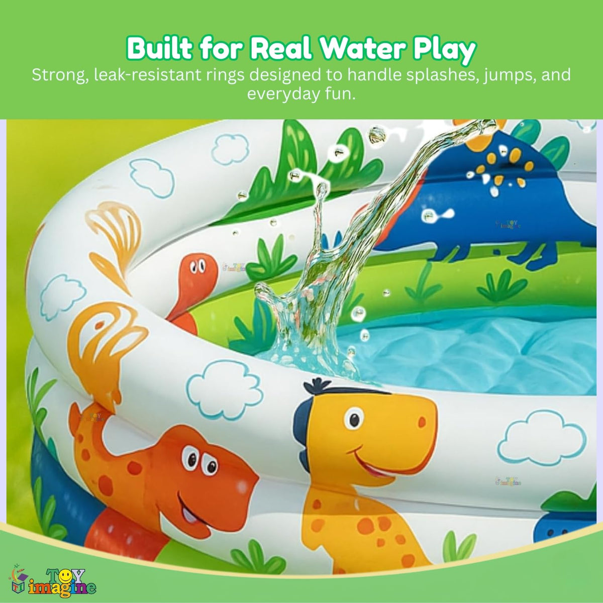 Toy Imagine Swimming Pool for Kids | 3-Ring Baby Bath Tub for Kids 3–6 Years | Portable Inflatable Kiddie Pool Indoor & Outdoor Water Fun | Perfect for Holi & Summer Play Dino Buddies (2 feet)