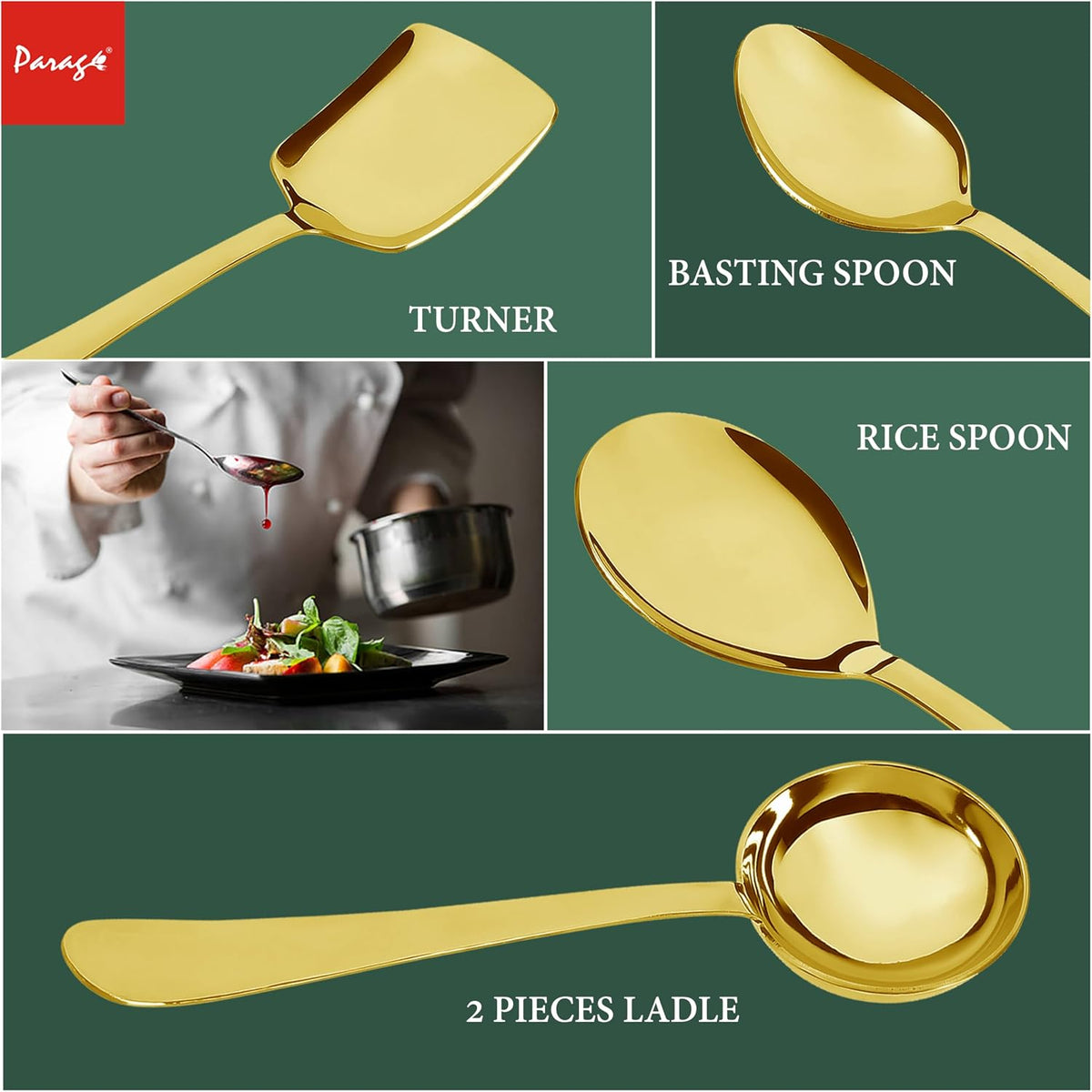 Parage 5 Pieces Stainless Steel Serving Spoons Set of 5 for Dining Table/Kitchen, 1.8 mm Heavy Gauge (2 Soup Ladle/Karchi, 1 Deep Turner, 1 Solid Spoon (Chamcha), 1 Rice Spoon) (Steel Gold, Pack of 5)