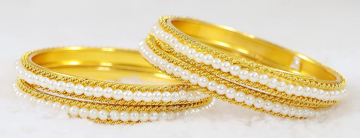NMII Non-Precious Metal Base Metal with Curtting Pattern and Pearl Studded worked Glossy Finished Kada/Bangle Set For Women and Girls