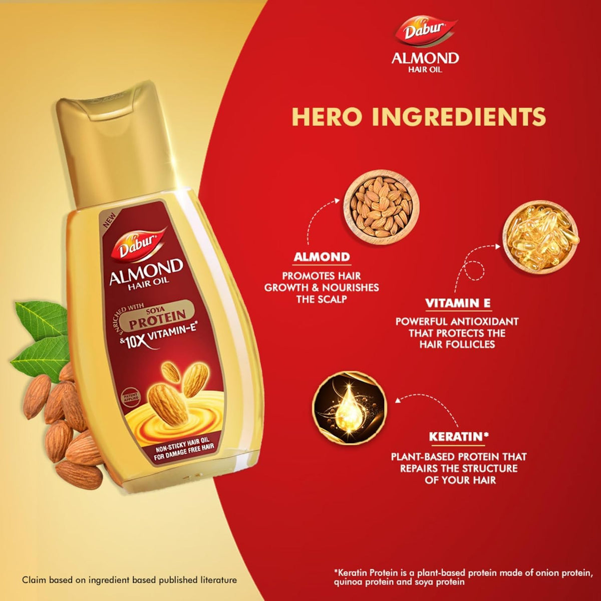 Dabur Almond Hair Oil - 500ml | Provides Damage Protection | Non Sticky Formula | For Soft & Shiny Hair | With Almonds, Keratin Protein, Soya Protein & 10X Vitamin E (Pack of 2)
